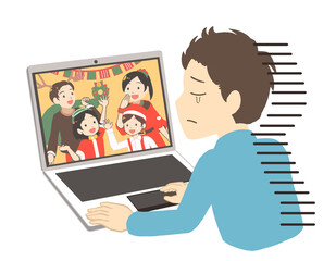 オンラインでクリスマスを見て涙を流す男性　表情アップ(線無し)