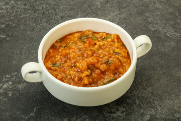 Traditional Georgian Kharcho soup with meat