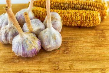 set of vegetables garlic stands on a wooden background and dried corncob