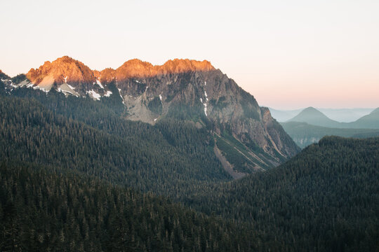 Sunrise lit peak at Mr. Ranier National Park