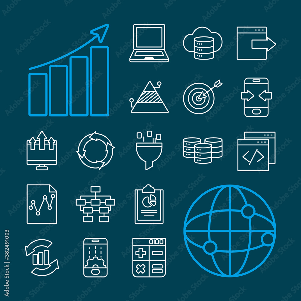 Poster global network and data analysis icon set, line style