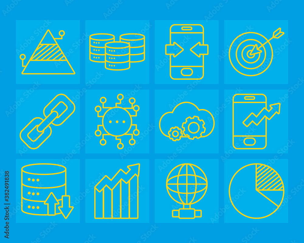 Poster strongbox and data analysis icon set, line style