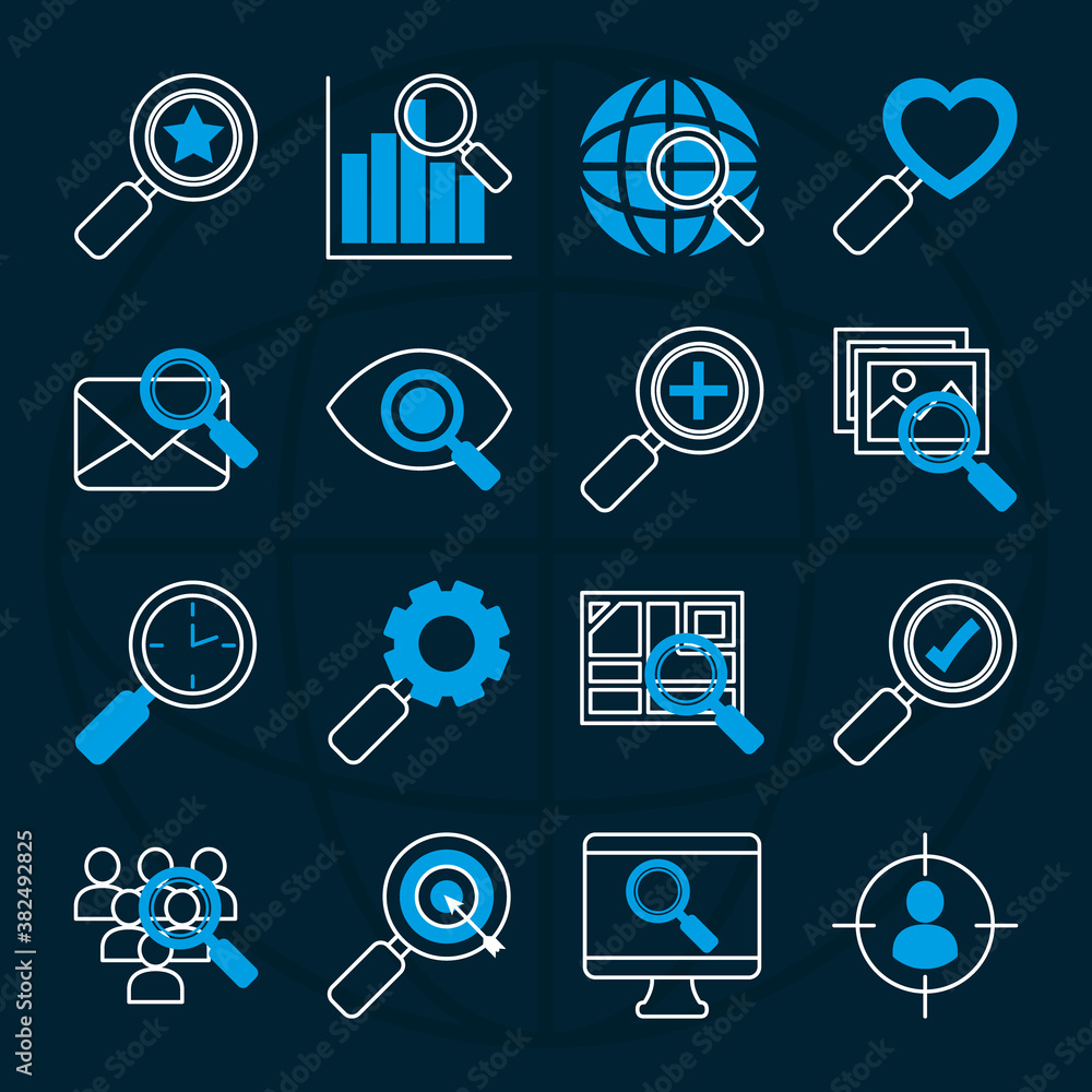 Poster computer and search icon set, half line half color style