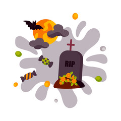 Colorful Halloween design with a grave, bat and a moon. Vector illustration