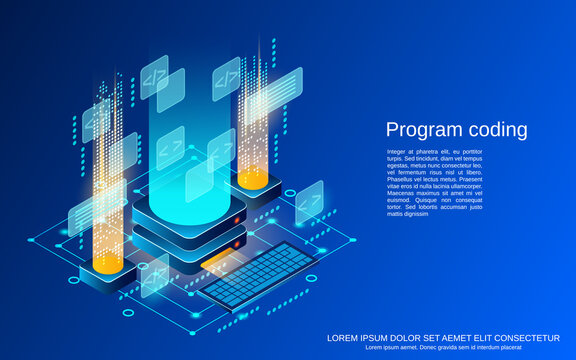 Application development, program coding flat 3d isometric vector concept illustration