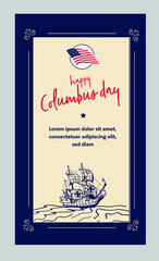 USA Columbus Day greeting card  in United States national flag colors and hand lettering text Happy Columbus Day. Vector illustration.