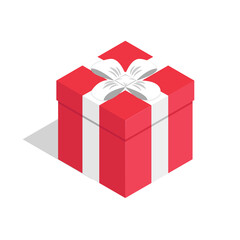 Vector red gift box with the white ribbon. Isometric present on the white background