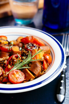 Farro (Spelt) with sweet potates, vegan sausage, and roasted pap