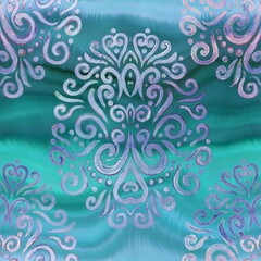 Shiny damask pattern on wavy satin like material. High quality illustration. Graceful smooth fluid background design with classic damask hand drawn pattern overlay. Vivid glowing trendy backdrop.