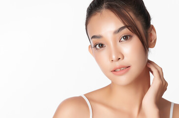 Beautiful young asian woman with clean fresh skin on white background, Face care, Facial treatment, Cosmetology, beauty and spa, Asian women portrait