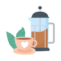 coffee brewing methods, french press cup on dish and leaves
