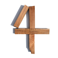The number 4 is made of wood on a white background board
