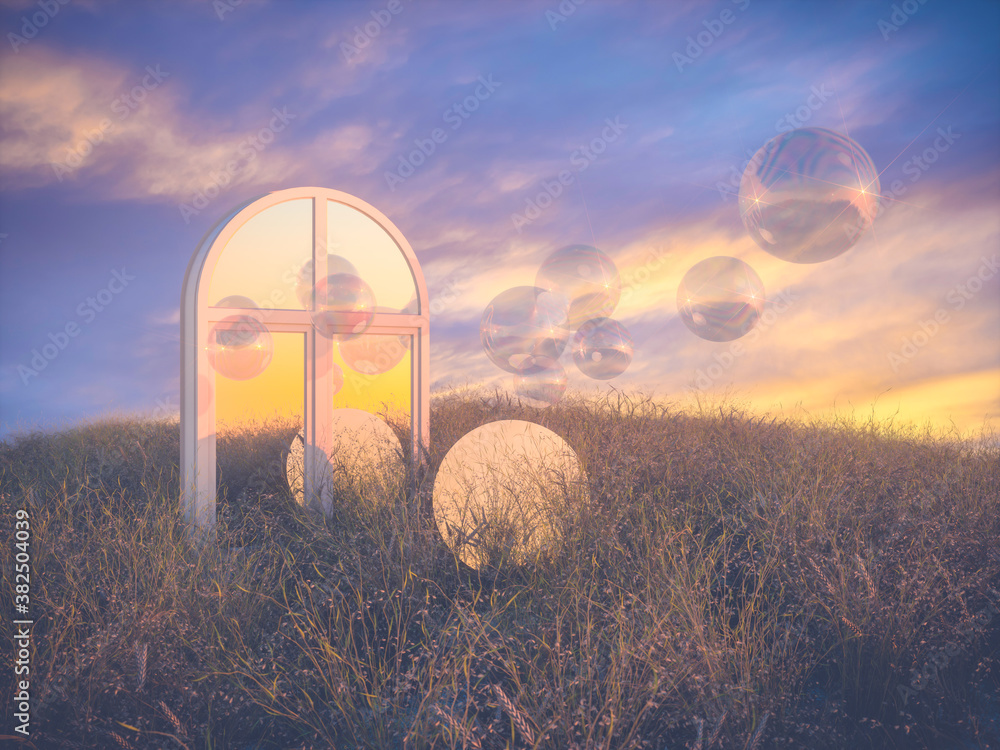 Aufkleber Abstract Halloween background with moon and bubble balls on autumn field. 3d render.