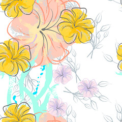 Pink Flowers Blooming Pattern. Pastel Watercolor.