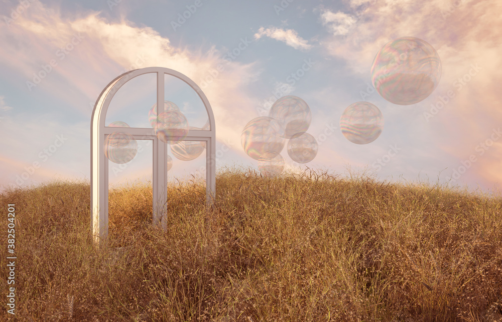 Aufkleber Abstract Autumn scene with window and bubble balls. 3d render.