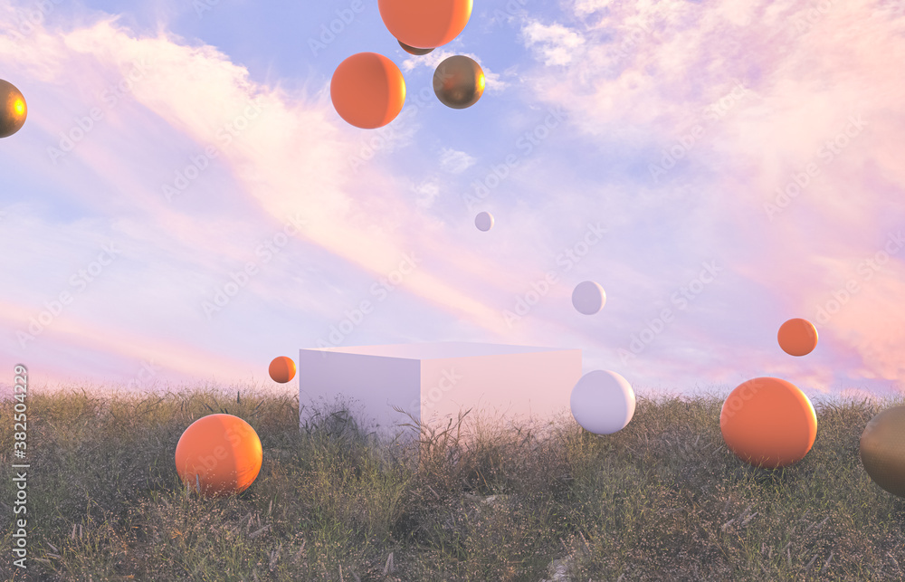 Poster abstract autumn scene with white podium and geometric balls. 3d render.
