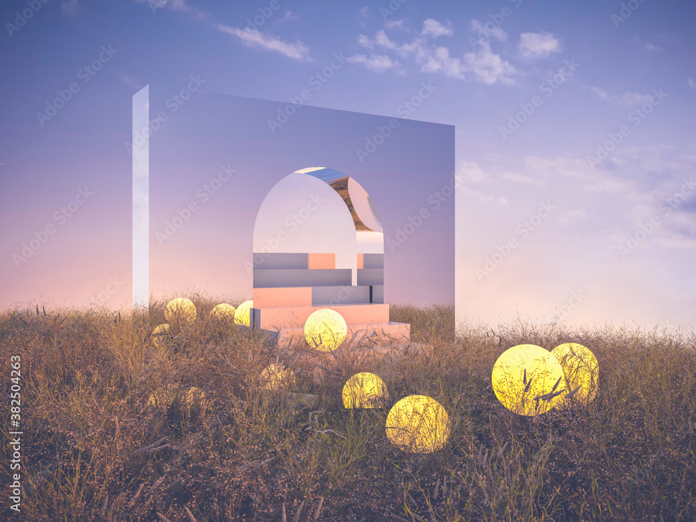 Poster Abstract Halloween background with stair and moon on autumn field. 3d render.