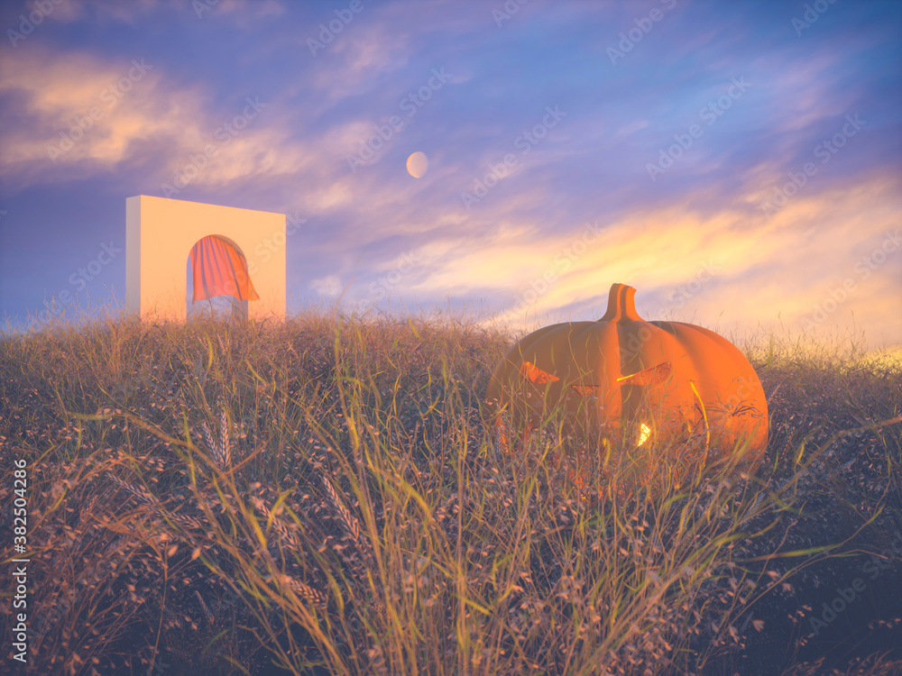 Poster Abstract Halloween background with pumpkin on autumn field. 3d render.