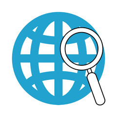 search icon, world magnifier pictogram blue line and fill