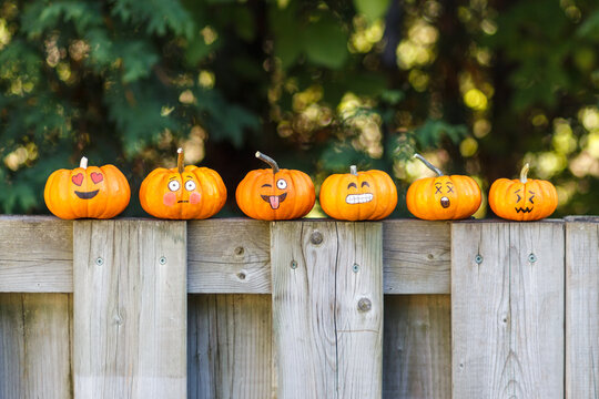 Pumpkins with emoticon faces lined up on a fence