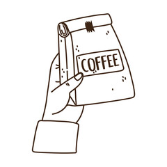 hand with package coffee product line icon style