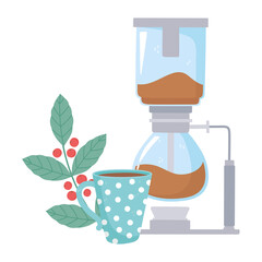 coffee brewing methods, syphon and coffee cup branch seeds