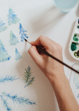 Crop person drawing fir trees