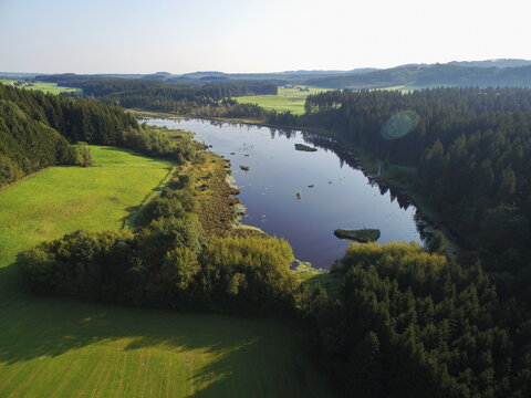 Aerial shot of a lake in the woods