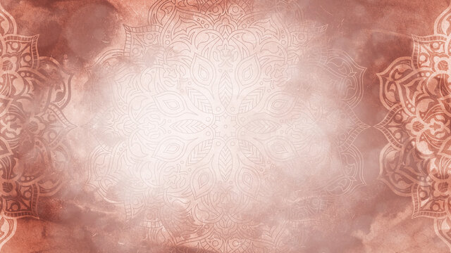Soft rose/terracotta organic textured watercolour wash background with mandalas