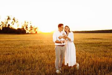 Happy parents with newborn baby walking at the field, handsome father hold in arms little daughter, beautiful mother hold tiny hand of cute child, smiling, young family concept