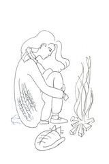 girl in sweater sits by the fire next to the cat, graphic linear drawing on a white background