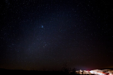 Amazing Starry Sky with Desert Landscape, Faint Meteor, and Car Light Trails