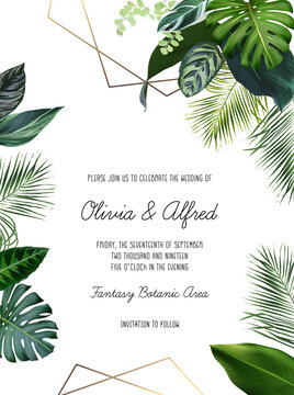 Emerald exotic greenery frame. Island wedding invitation.