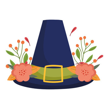 happy thanksgiving day, pilgrim hat flowers leaves fruits decoration celebration