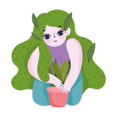 gardening, girl with hairstyle green and planting plant isolated icon style