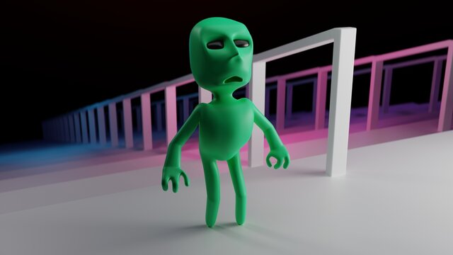 The alien is standing on the landing. This image is a 3D render.