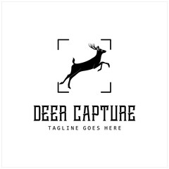 Silhouette Buck Antler Deer Jump Focus Square Lens Frame for Adventure Outdoor Nature Photography Vintage Retro Logo Design 