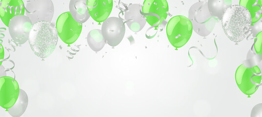 Vector happy birthday card with green balloons, party invitation