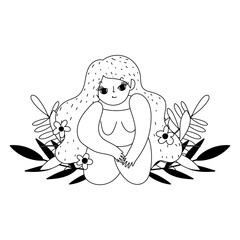 girl in the floor with flowers isolated line icon style