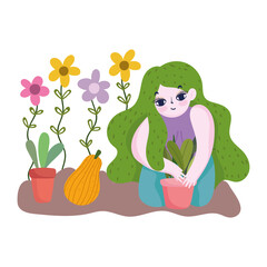 happy garden, girl with green hairstyle floral planting plants in pot flowers fruit