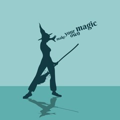 Illustration of standing young witch icon. Witch silhouette with a broomstick. Halloween relative image. Make your own magic text.