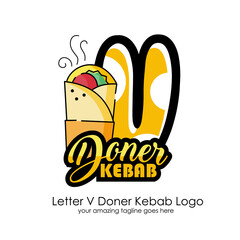 Letter V Meat Doner Kebab Dishes Vector Logo Design Illustration Food on White Background for Turkish and Arabian Fast Food Restaurant and Cafe. Initial Typography Logotype Template

