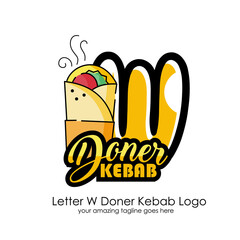 Letter W Meat Doner Kebab Dishes Vector Logo Design Illustration Food on White Background for Turkish and Arabian Fast Food Restaurant and Cafe. Initial Typography Logotype Template
