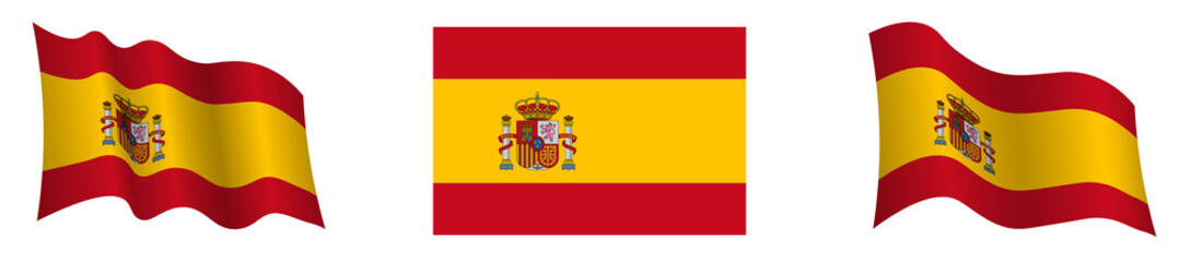 Fototapeta premium Spain flag in static position and in motion, developing in wind in exact colors and sizes, on white background