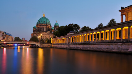Blue hour view of Berliner Dom and Alte Nationalgalerie with Spree river , Berlin, Germany © Jara
