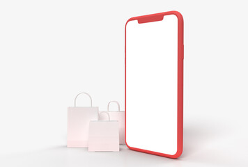 Shopping Online 3D Rendering. Business Concept and Digital online marketing with smartphones, shopping bags in the background. Mockup template with clipping path on the screen