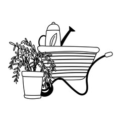 happy garden, wheelbarrow watering can and potted plant line icon style