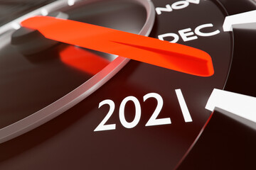 3D illustration close up black speedometer with cutoffs 2020,2021 and calendar months. The concept...
