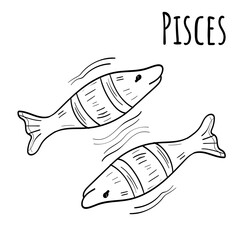 Cute cartoon Pisces - Zodiac Sign. Vector doodle illustration Black and white illustration.