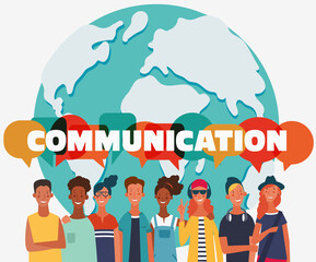 Group of young people with dialog speech bubbles. Communication, teamwork and connection vector concept
